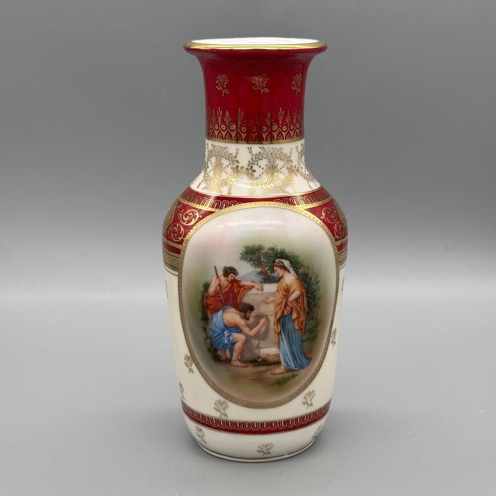 Antique Vienna Style Porcelain Vase Red & Gold Gilt Classical Hand Painted
